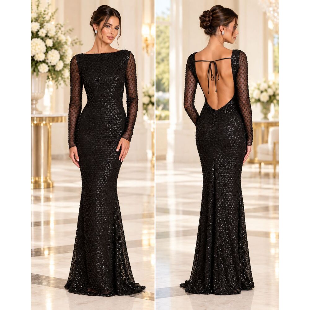 Lulus Jalira Maxi Dress Mesh Sequin Backless Long Sleeves Elegant Size M NWT